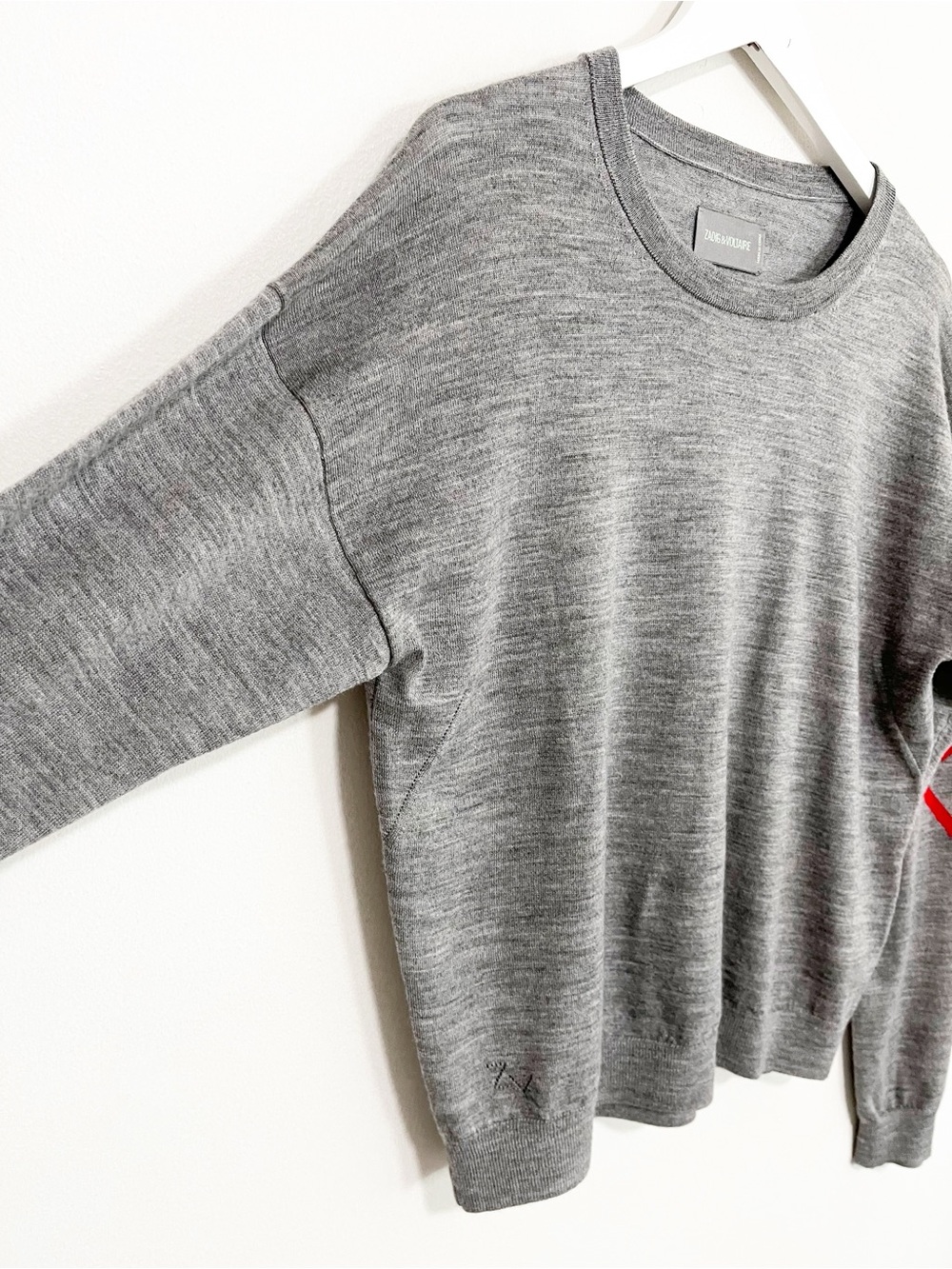 Zadig & Voltaire 100% Merino Wool Broken Heart Sweater Grey Red Medium - Picture 6 of 8